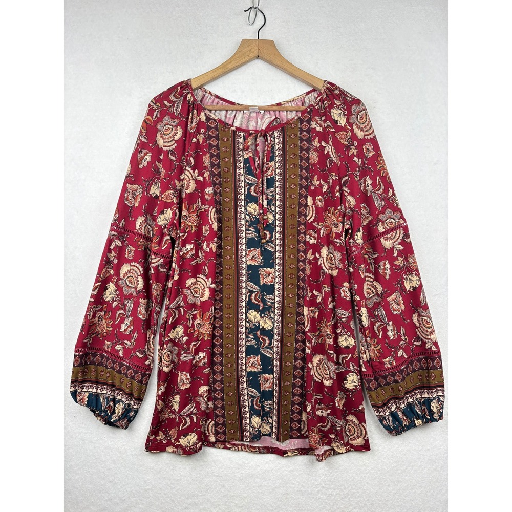 Westport Blouse Womens 1X Floral Peasant Tie Neck Boho